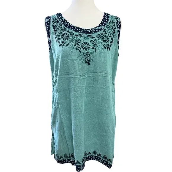 Rhea Boho Embroidered Tank Top Teal Tie Back One Size - Picture 2 of 8